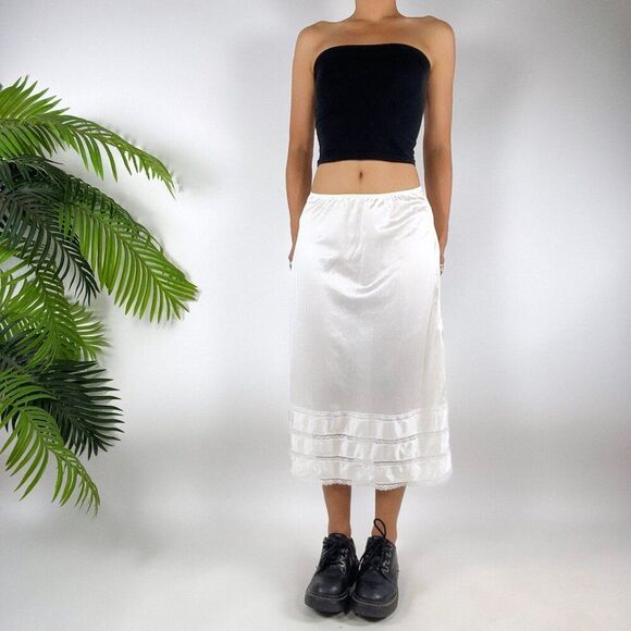 Vintage 90s White Coquette Cottagecore Angelcore Midi Lace Half Slip Skirt / M - Picture 3 of 6
